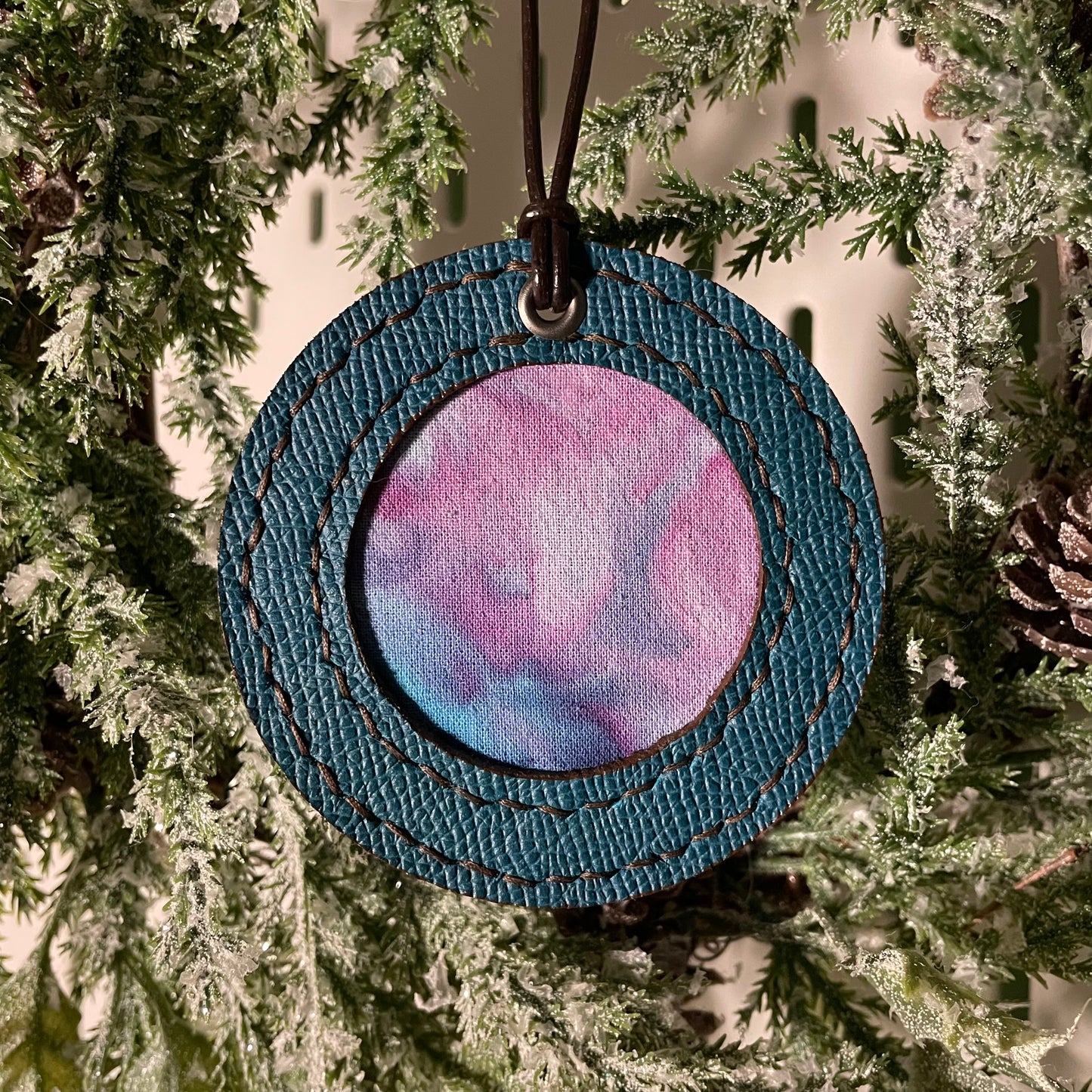 Leather & Ice-dyed Fabric Ornament #56