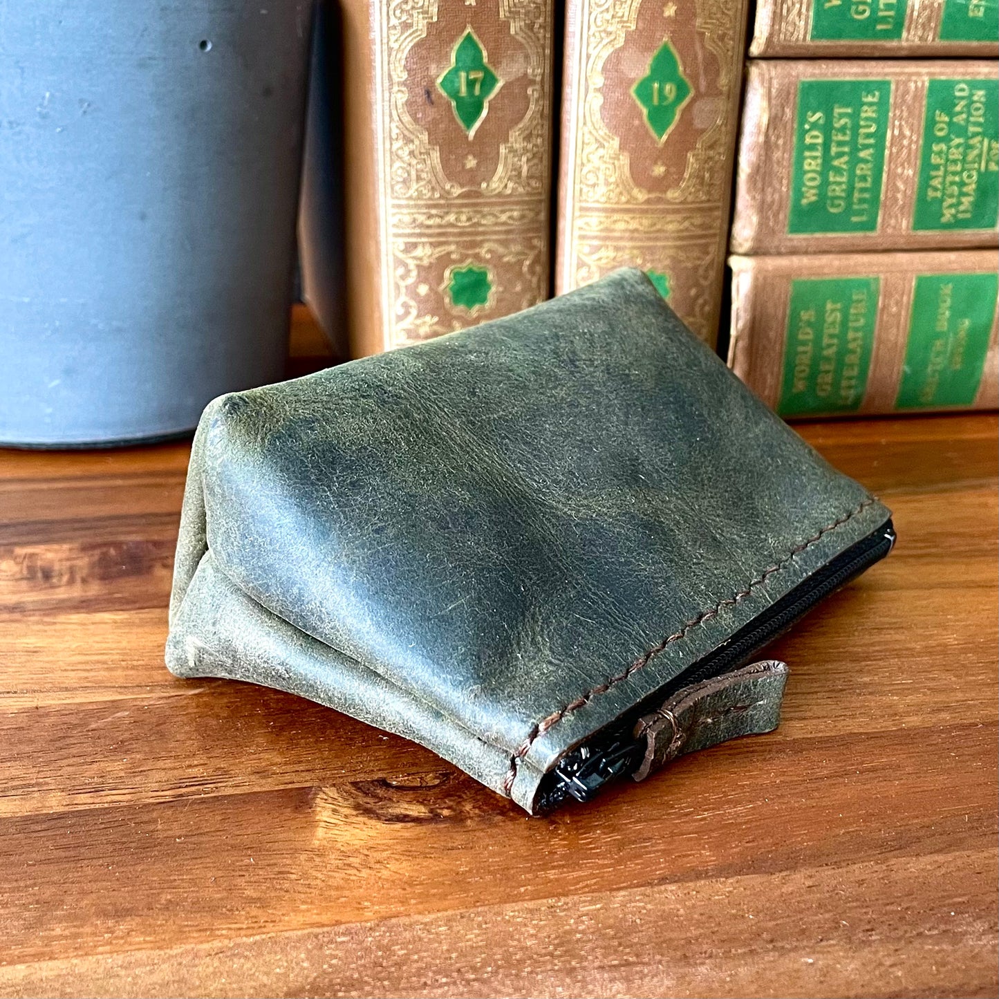 Leather Tiny Zip Pouch Coin Purse Bag Hand Stitched